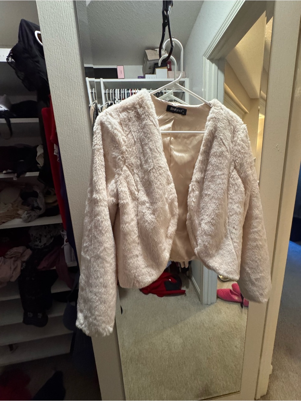 Allegra K Blush Pink Teddy Faux-Fur Open-Front Jacket